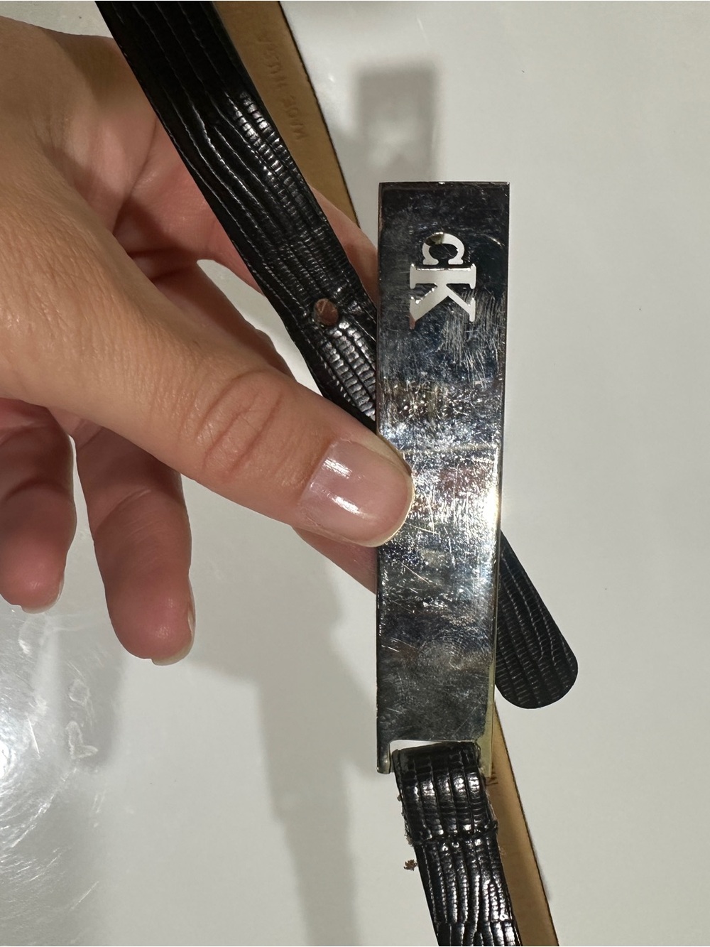Calvin Klein Black Leather Logo Belt with Silver Buckle